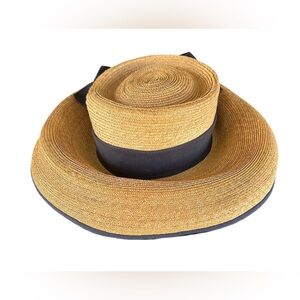 Vintage 1980 Straw Nancy Tooker Elegant Tan and Black Wide-Brim Hat